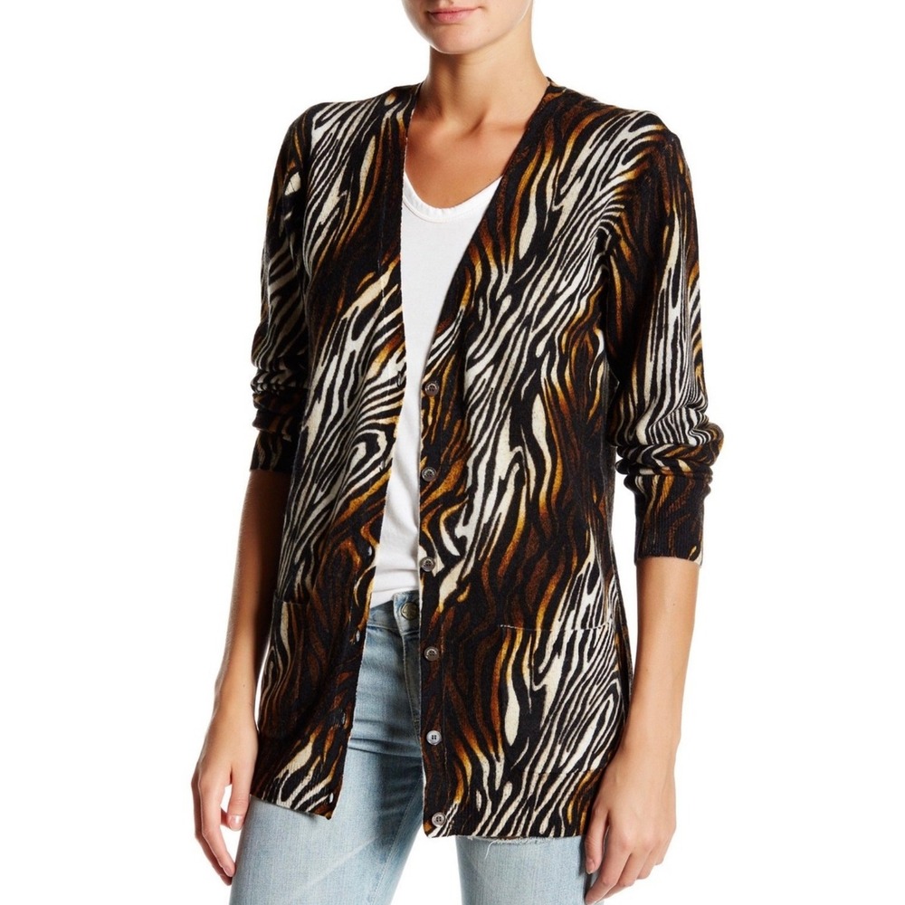Equipment Femme Animal Zebra Print Cashmere Cardigan Sweater XS V Neck‎ Pockets